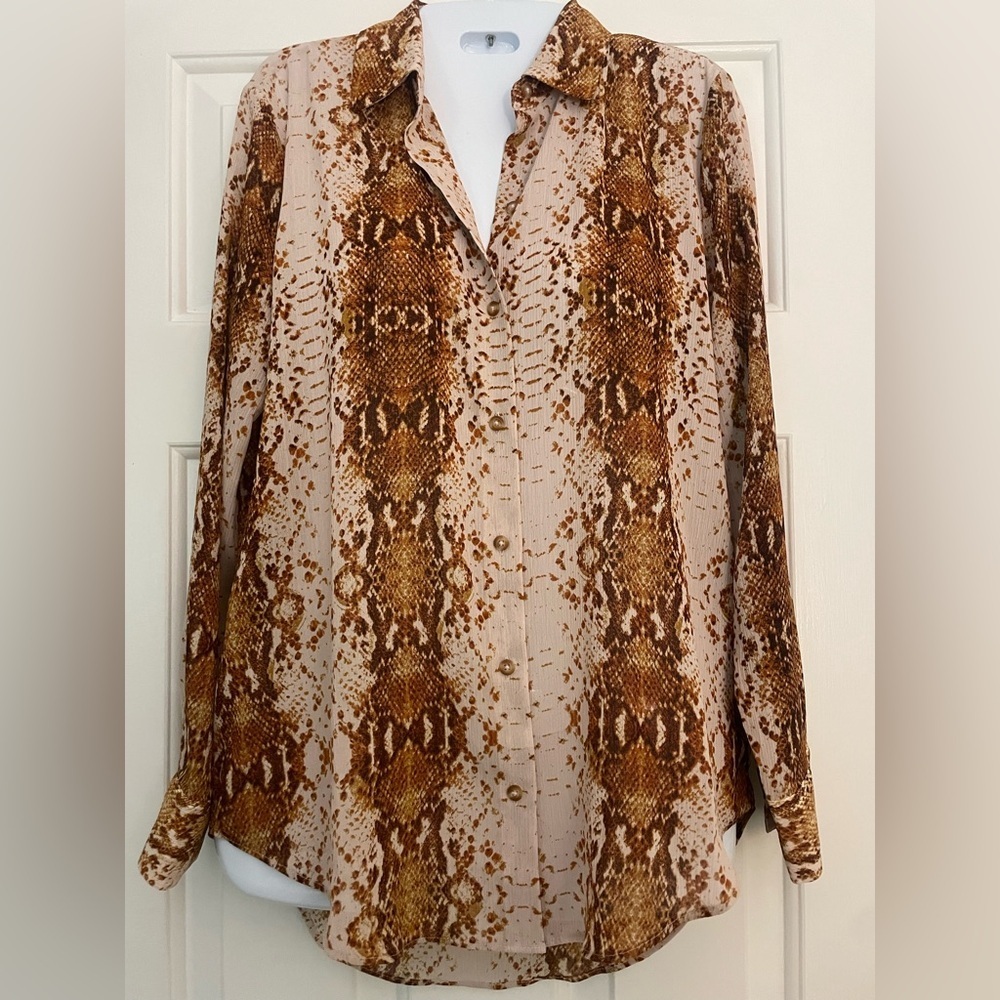 NWT Rachel Zoe Snake print button down blouse collared top brown cream chiffon